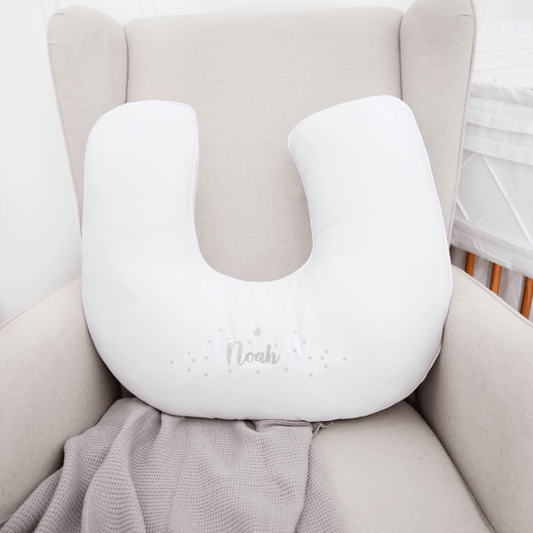 Personalized 300 Thread Count Baby Nursing Pillow, White with Gray (Choose your baby's name)