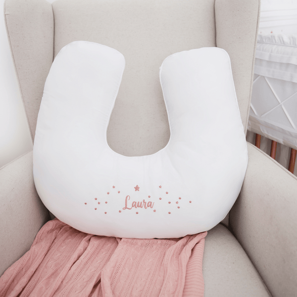 Personalized 300 Thread Count Baby Nursing Pillow, White with Pink (Choose your baby's name)