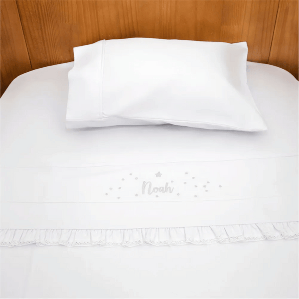 3-Piece Crib Sheet Set, 300 Thread Count Percale Cotton, Personalized, White with Gray