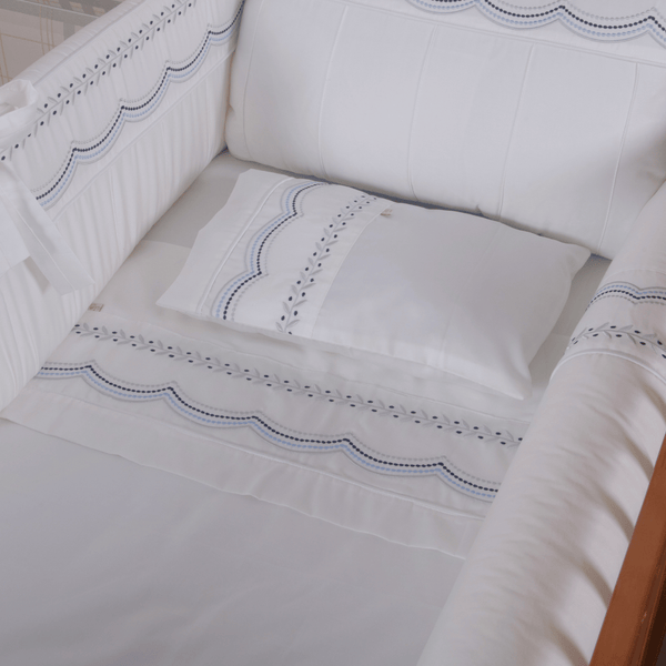 3-Piece Crib Sheet Set, 400-Thread Percale Cotton, Serenité Baby Blue Embroidery