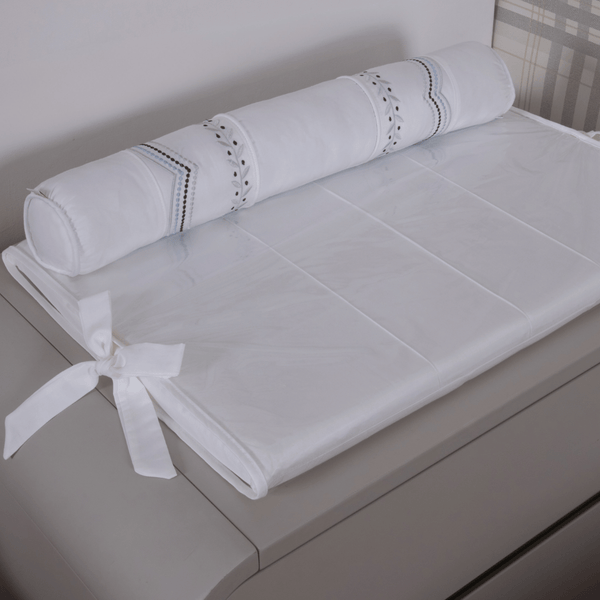 400 Thread Count Percale Baby Changing Mat with White and Baby Blue Roll - Serenité Collection