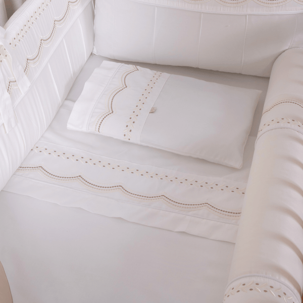 3-Piece Crib Sheet Set, 400-Thread Percale Cotton, Serenité Beige Embroidery