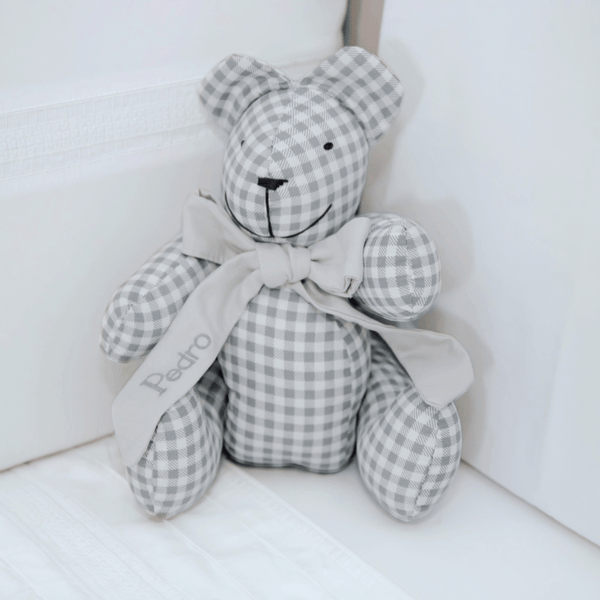 Decorative Bear with Personalized Gray Plaid Bow